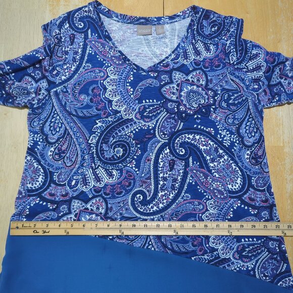 Chico's Blue Paisley Print V-Neck with sheer Chiffon hem Tunic Chico's 2 Sz 12‎ - Picture 11 of 14